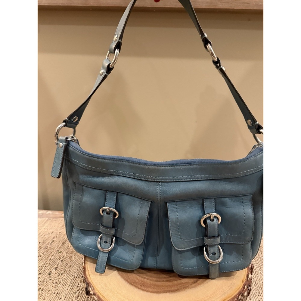 Vintage Y2K Coach Leather Chelsea flap pocket Shoulder Bag turquoise RARE F14014 - Picture 6 of 16